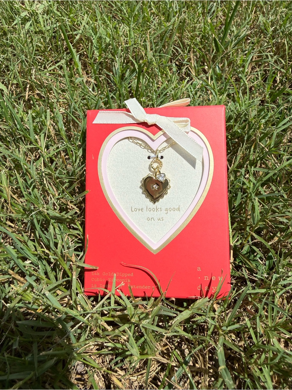 a new day Gold Heart Locket Necklace with Clear Crystal